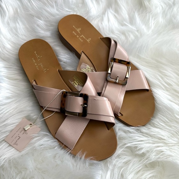 None Shoes - Sandal Leather Slides Neutral Blush Pale Pink Tortoise Shell Made in Italy W 9.5